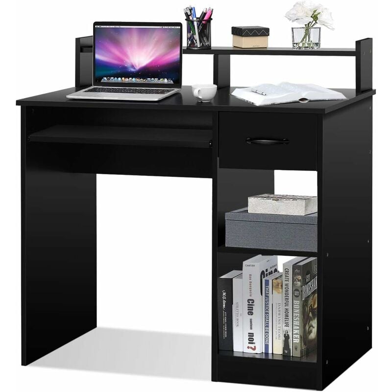 Bureau Informatique avec 1 Tiroir et 2 Etageres, Table de l'Ordinateur avec Planche a Clavier Coulissante, Ideal pour Chambre, Bureau, Salle de