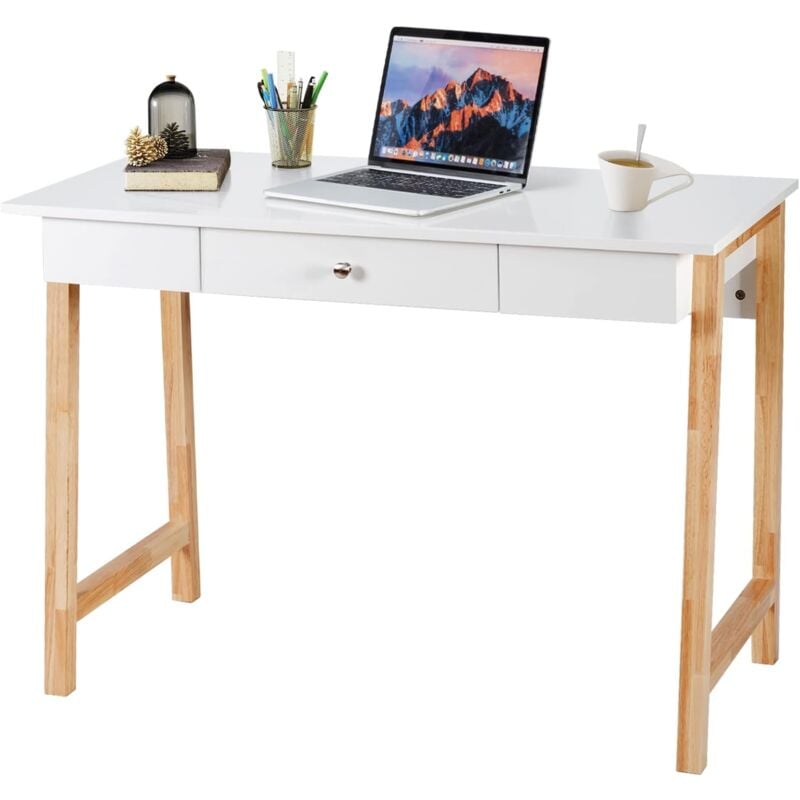 Goplus - Bureau Secretaire avec Grand Plateau et Tiroir a Poignee, Bureau de Travail Informatique avec Pieds en Bois, pour Salon/Chambre/Bureau,