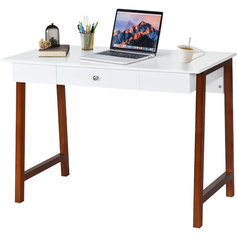 Goplus - Bureau Secretaire avec Grand Plateau et Tiroir a Poignee, Bureau de Travail Informatique avec Pieds en Bois, pour Salon/Chambre/Bureau,