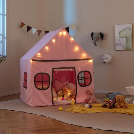GOPLUS Cabane Enfant Interieure, Tente Enfant avec 10 Étoiles Lumineuses et Tapis Moelleux, Porte Enroulable, Fenêtres Ventilées, Poches de Rangement, Tente de Jeux pour 3+ Ans (Rose)