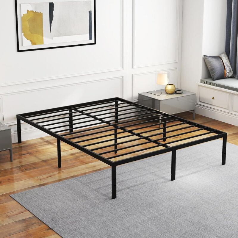 GOPLUS Cadre de Lit 140/160 x 200 CM, Lit Plateforme avec Sommier à Lattes, Charge 300KG, Sommier à Matelas Métallique, (Noir,160x200 CM)