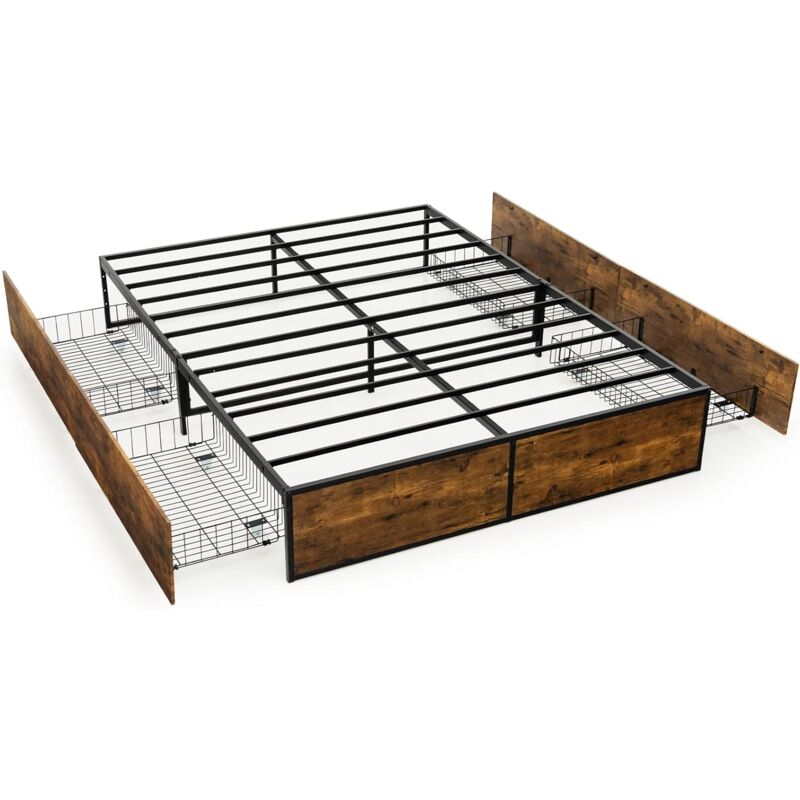 Goplus - Cadre de Lit 200x140CM avec 4 Tiroirs de Rangement-Support à Lattes d'Acier-Charge 300KG-Sommier Métallique