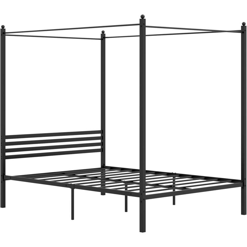 GOPLUS Cadre de Lit à Baldaquin, Lit 140x200 avec Sommier Métal Espace de Rangement, Lit Double Sommier à Lattes Robuste, Barre Silencieuse, Charge