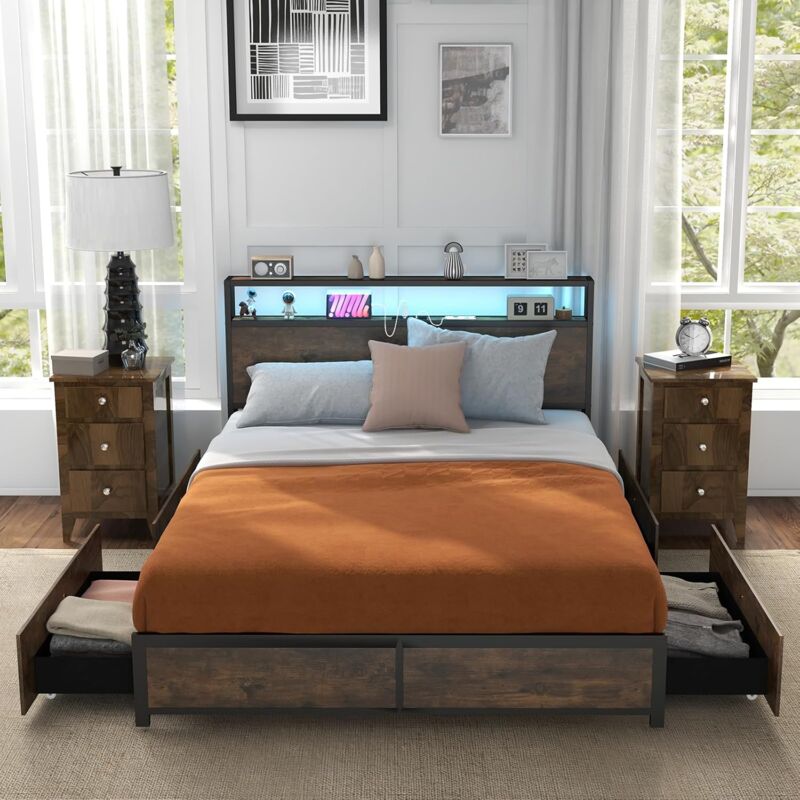 Cadre de Lit Double 140x200cm avec LED-avec Tiroirs/Station de Charge(Type c Inclus)-3 Mode Lumières Contrôle app Voix - Goplus