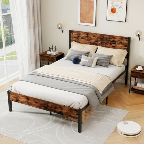 GOPLUS Cadre de Lit Double 140x200CM, Lit Plateforme avec Tête à Lattes, Style Industriel avec Espace de Rangement, Pas Besoin de Sommier, Marron Rustique