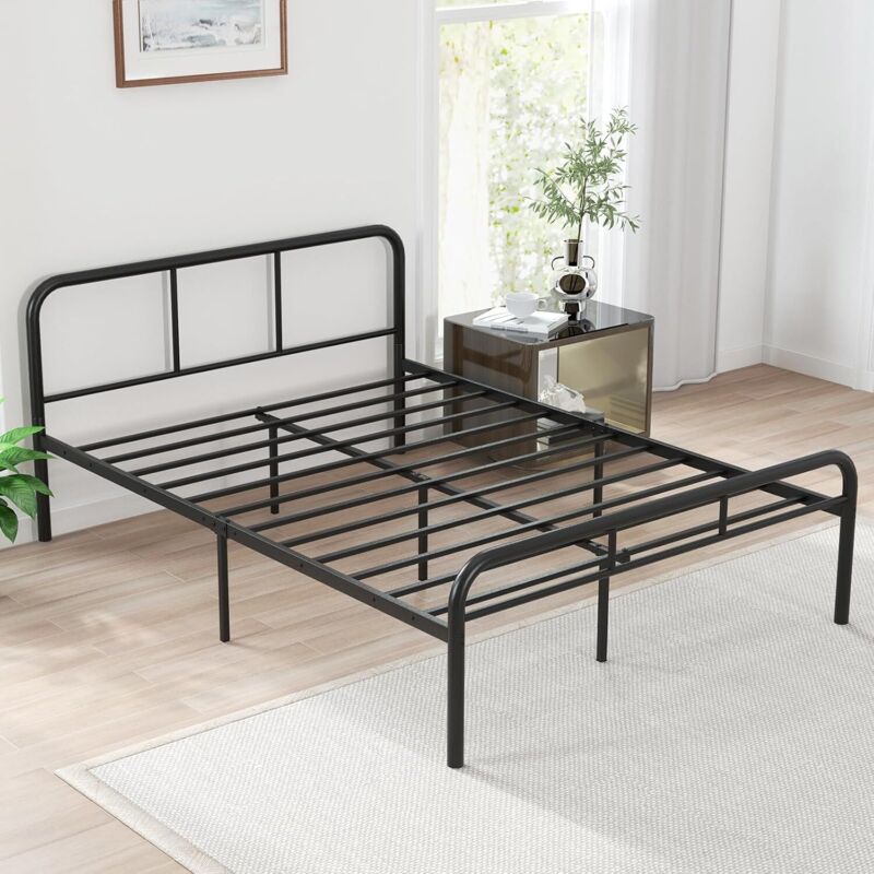 GOPLUS Cadre de Lit Plateforme 140x190CM, Lit Double en Métal avec Tête& Pied, Rangement, Pas de Sommier Nécessaire, sans Bruit (140x190CM,Double