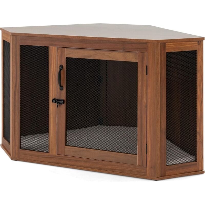 Goplus - Cage d'angle pour Chien, Coussin et Porte Verrouillable, Meuble en Cage pour Chien 2-en-1 pour Chiot et Moyen Chien,114x60x67cm