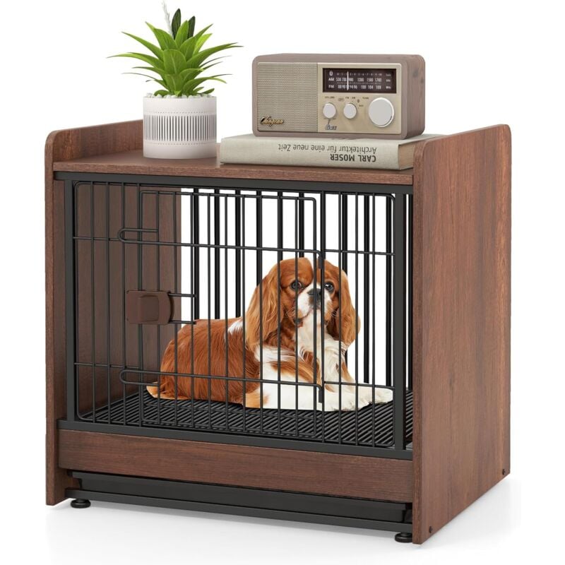 GOPLUS Cage pour Chien avec Porte à Verrou & Plateau Amovible, Meuble Caisse pour Chiens de Petite & Moyenne Taille, Jusqu'à 50 KG, Marron Rustique,