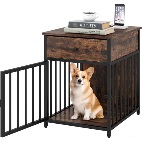 GOPLUS Cage pour Chiens avec Tiroir, Cadre Métallique avec Station de Charge, Porte Verrouillable, Grand Plateau,Niche pour Petits et Moyens Chiens, 60x50x65cm
