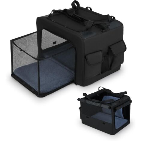 GOPLUS Cage Transports Chiens Chats Extensible, 5 Fenêtres Aérées, 2 Ouvertures, Coussin et Bandoulière pour Transport, Sac de Transport Pliable pour Chien Chat (60x46x42cm)