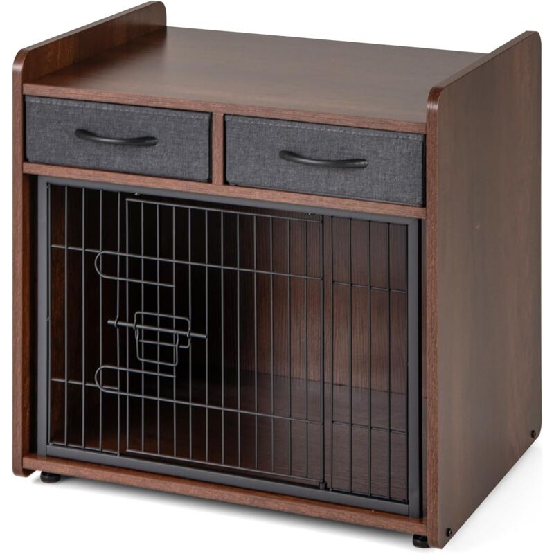 GOPLUS Caisse pour Chien en Bois avec 2 Tiroirs en Tissu, Porte Verrouillable, Meuble pour Chenil Intérieur, Cage Robuste pour Petits et Moyens