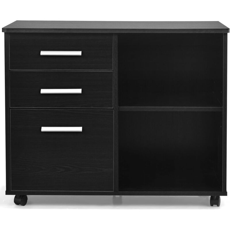 Caisson de Bureau à roulettes, avec 3 Tiroirs 2 Compartiments Ouverts, Armoire de Rangement Mobile pour Format A4, Documents, 81x41x66cm,Marron/Noir
