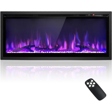 GOPLUS Camino Elettrico, Caminetto a Parete Incassato, 750W/1500W, con Telecomando, Timer, Decorazione di 3 Tronchi e Cristalli, 91,5 x 14 x 45 cm
