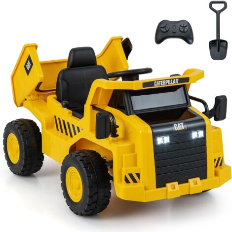 GOPLUS Camion Ribaltabile Elettrico per Bambini 12V, Camion con Licenza Caterpillar, Veicolo Giocattolo a Batteria con Telecomando, Cassone Ribaltabile, Megafono, Musica, MP3, USB e Pala