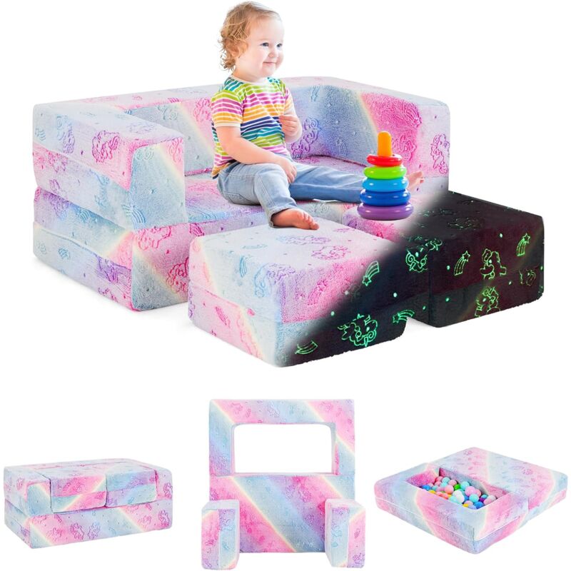 Goplus - Canapé Convertible Enfant, Brillant dans Le Noir, Canapé Modulaire Enfant en Peluche avec Housse en Flanelle Amovible, Canapé de Jeu pour