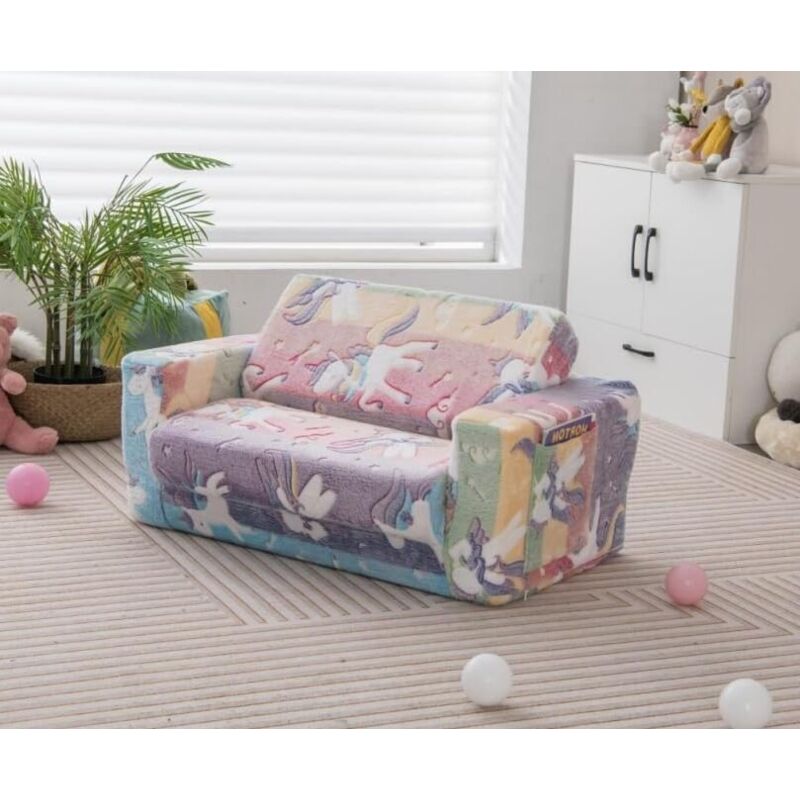 Goplus - Canapé Convertible Enfants 0-12 Ans avec Motifs Lumineux, Fauteuil Rembourré en Éponge, Design Ergonomique&Housse en Peluche