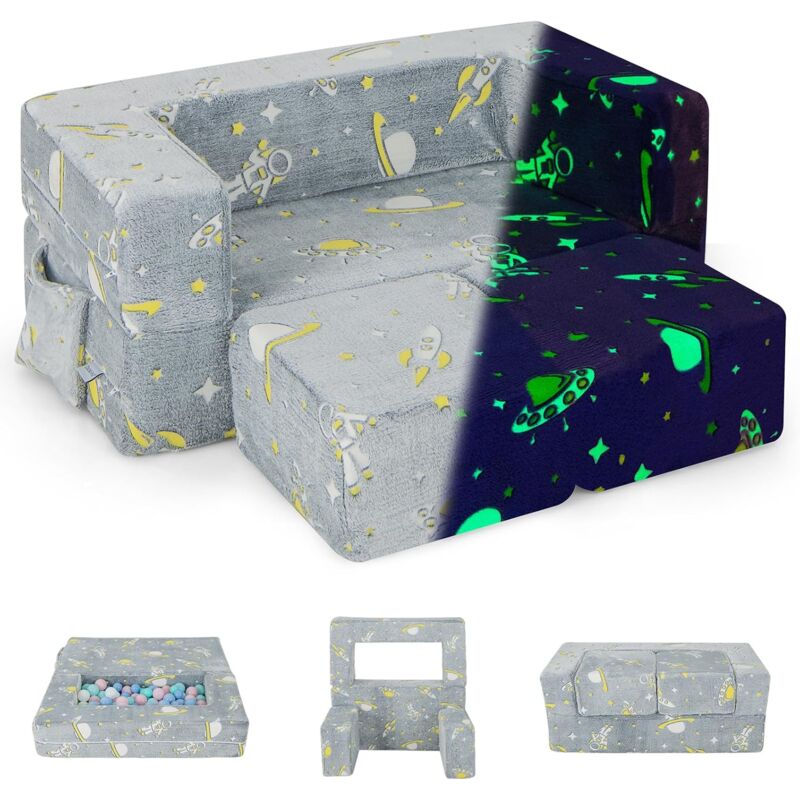 Goplus - Canapé Enfants Convertible 2 Places 107x52x41,5CM-en Eponge Haute Densité-Housse en Peluche Amovible et Lavable,Gris