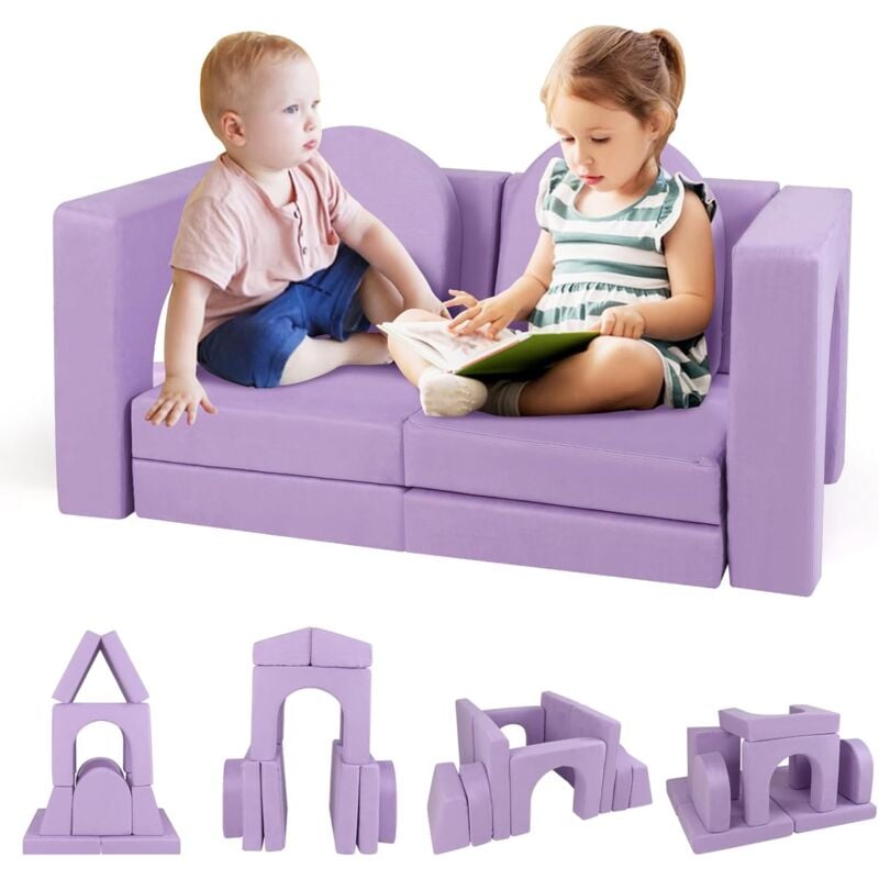 Goplus - Canapé Enfant 2 Places, 8PCS Fauteuil Enfant Convertible en Mousse, Jeu en Blocs Motricité avec Housse en Tissu Suédé, Canapé de Jeu