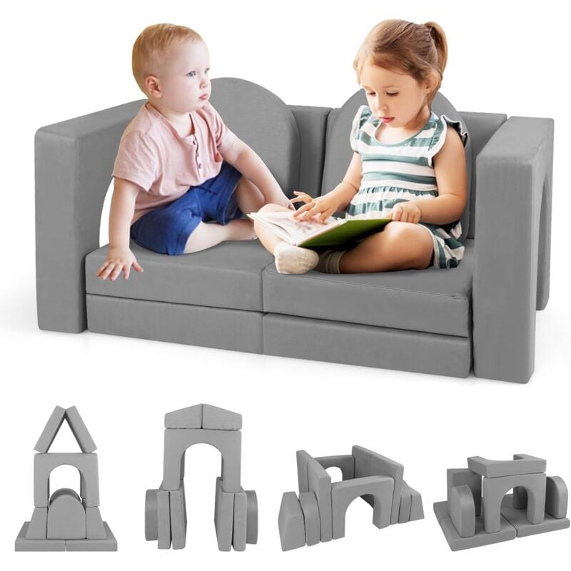 Goplus - Canapé Enfant 2 Places, 8PCS Fauteuil Enfant Convertible en Mousse, Jeu en Blocs Motricité avec Housse en Tissu Suédé, Canapé de Jeu