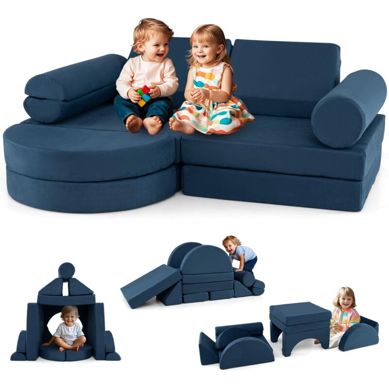 Goplus - Canapé Enfant Convertible 13 pcs, Blocs de Construction en Mousse, Housses Amovibles et Lavables, Chauffeuse Enfant 2 Places Transformable,