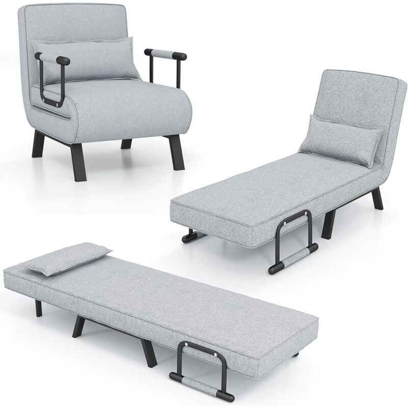 Goplus - Canapé-lit Convertible, Fauteuil Convertible Lit 1 Place, avec Dossier Réglable en 6 Positions, Oreiller Amovible, Gris clair