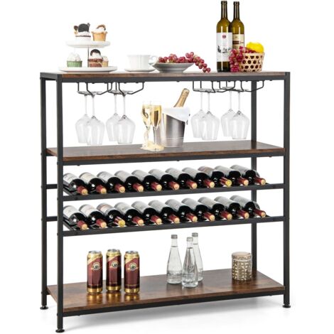 GOPLUS Cantinetta Portabottiglie, Tavolo Portabottiglie per Vino da 22 Bottiglie, con 2 Ripiani Porta Vini e 4 Porta Calici per Cucina, Sala da Pranzo e Bar, 100 x 35 x 101 cm