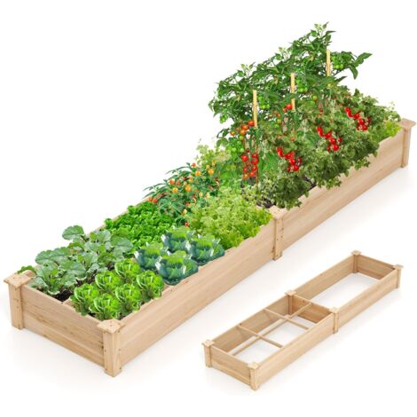 GOPLUS Carré Potager en Bois de pin 0,26m³, Carré Potager Surélevé avec 2 Bacs à Plantation et Cloisons, 1 Bac Divisé en 4 pour Fleurs Légumes Fruits Herbes, 228 x 62 x 25cm