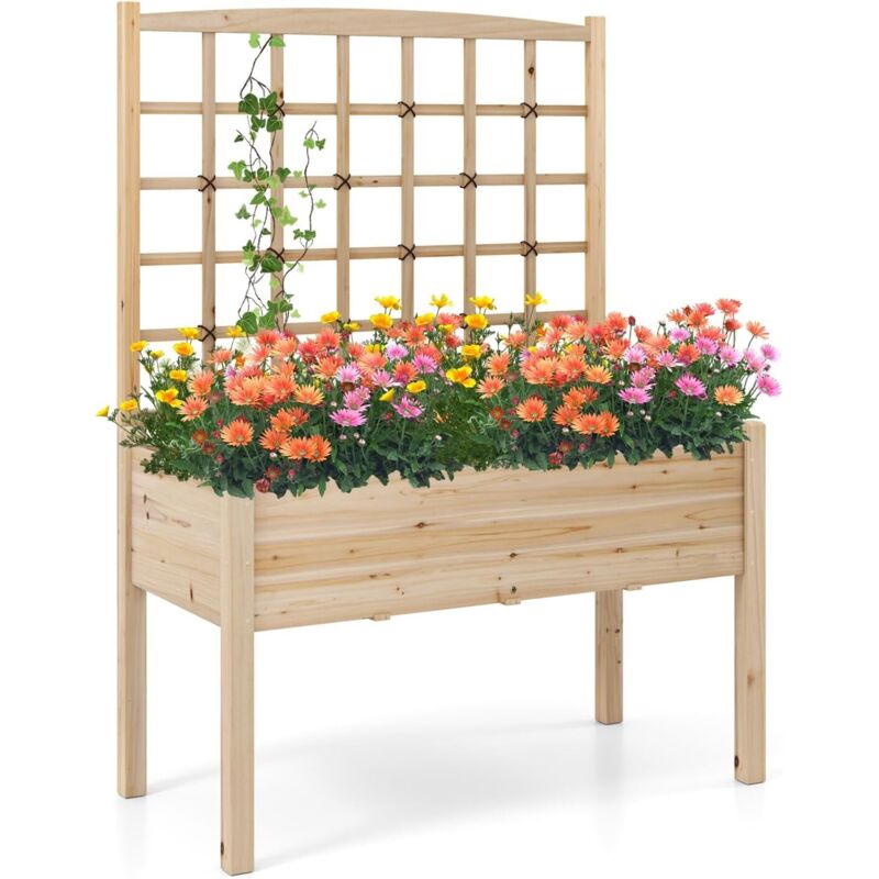 GOPLUS Carré Potager sur Pieds avec Treillis, Bac à Fleurs en Bois avec Pieds, pour Plantes Grimpantes, Légumes, Fleurs, Jardinière Surélevée pour
