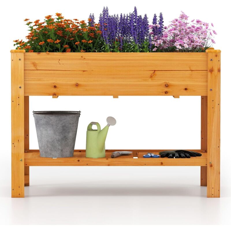Goplus - Carré Potager sur Pieds en Bois, Jardinière Surélevée & Étagère de Rangement, Trous de Drainage, Bac de Fleurs pour Herbes, Légumes, pour