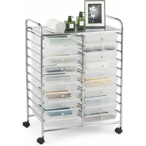 GOPLUS Carrello con Cassetti, Carrello di Stoccaggio, Contenitore Multiuso con Ruote, Carrello Portaoggetti, Ideale per Uffici, Parrucchieri, Cucina, Bagno, in Metallo (Trasparente)