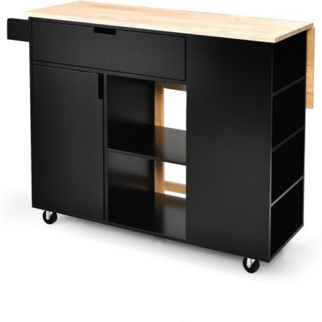 GOPLUS  Carrello da Cucina, Isola da Cucina con Piano Pieghevole in Gomma, 1 Armadio, 1 Cassetto e 6 Scomparti, Carrello Stile Moderno con Ruote Bloccabili, Nero/Bianco (Nero)