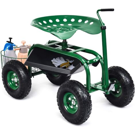 GOPLUS Carrello da Giardino, Sgabello da Giardino con Manico Estensibile, Cestino Portaoggetti, Sedile Regolabile, 2 Vassoi Porta Attrezzi e 4 Ruote in Gomma (96,5 x 47,5 x 47-55 cm (L x P x A))