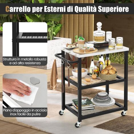 GOPLUS Carrello di servizio a 3 livelli, credenza da cucina in metallo con piano d'appoggio in acciaio inox, 2 ripiani, 9 ganci, tavolo da barbecue con rotelle e maniglia, per giardino e cortile