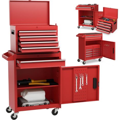 GOPLUS Carrello per Attrezzi con Cassapanca Rimovibile, cassetta Portautensili a Rotelle con 5 Cassetti e Armadio a Ripiani Regolabile, per Garage, Officina (rosso)