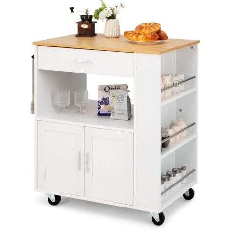 GOPLUS Carrello per Cucina, Isola Portavivande con Cassetto, Portaspezie, Ruote con Freni, per Cucine, Alberghi, Ristoranti, Hotel, Ristoranti (Bianco)