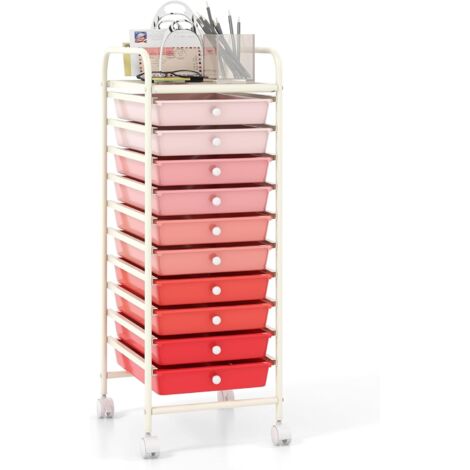 GOPLUS Carrello Portaoggetti con 10 Cassetti Staccabile, Carrellino Salvaspazio con Ruote, per Uffici, Parrucchieri, Studio, Soggiorno, 38 x 33 x 86 cm (ROSA SFUMATO)