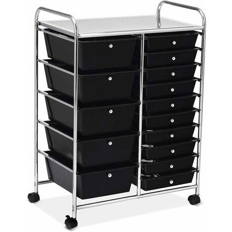 GOPLUS Carrello Portaoggetti con 15 Cassetti Staccabilea, Carrellino Salvaspazio con Ruote, per Uffici, Parrucchieri, Studio, Soggiorno, 62,5 x 37 x 87 cm (Nero)
