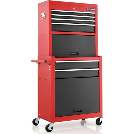 GOPLUS Carrello Portautensili da Officina, Design 2 in 1 con Rotelle, Carrello con 6 Cassetti, Porte Scorrevoli e Serratura di Sicurezza, 61,5 x 33 x 132 cm (nero+rosso)