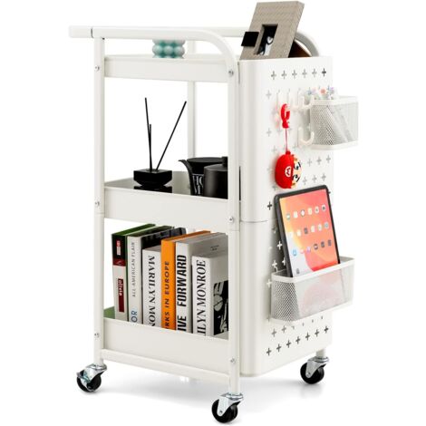 GOPLUS Carrello Rotante a 3 Livelli, Carrello Portaoggetti e Organizzatore con Doppi Pannelli Forati, 2 Cestini e 4 Ganci Rimovibili, Ideale per Cucina, Ufficio, 52 x 33 x 75 cm (BIANCO)