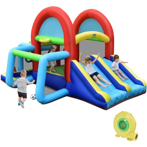 GOPLUS Casa gonfiabile, gonfiabile 8 in 1 per bambini con doppio scivolo, area per saltare, porta da calcio, anello da basket, casa gonfiabile gigante da esterno con accessori (con compressore)