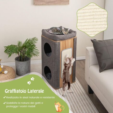 GOPLUS Casetta per Gatti a 3 Livelli, con Tiragraffi in Sisal e Spazioso Posatoio Superiore, Alloggi Foderati in Tessuto Felpato, 38 x 38 x 77,5 cm, Grigio