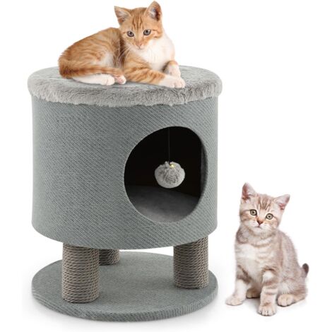 GOPLUS Casetta per Gatti con Tiragraffi, Palla di Peluche, 3 in 1, come Sgabello/Ottomana Poggiapiedi, 40 x 40 x 47 cm (2 - Grigio)