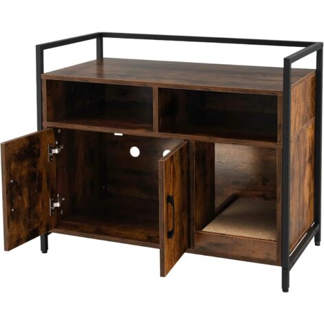 GOPLUS Casetta per Gatto, Mobile Lettiera per Gatti, con Robusto Telaio in Metallo, Tiragraffi, Scaffali di Stoccaggio in Legno, Stile Industriale, 89 x 45 x 74,5 cm (Caffè)