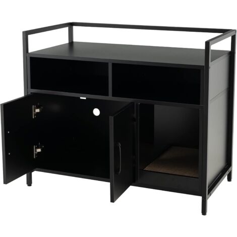 GOPLUS Casetta per Gatto, Mobile Lettiera per Gatti, con Robusto Telaio in Metallo, Tiragraffi, Scaffali di Stoccaggio in Legno, Stile Industriale, 89 x 45 x 74,5 cm (Nero)