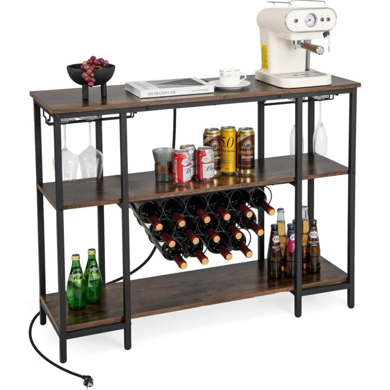 Goplus - tagère Range Bouteille à 3 Niveaux avec Prises-Table de Bar à Liqueur avec Porte-bouteille et Kit Anti-basculement Marron