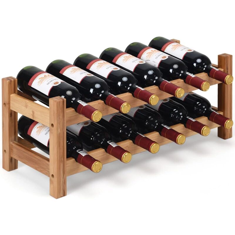 Goplus - Casier à Vin avec 12 Bouteilles,étagère à Vin en Bambou,Armoire de Rangement pour à Vin 12 Bouteilles avec 2 Niveaux,Naturel