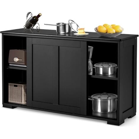 GOPLUS Cassettiera Bassa con 2 Ripiani, Regolabile in Altezza, Armadietto da Cucina con Porta Scorrevole, Contenitore in MDF, 106,7 x 33 x 62,5 cm (nero)