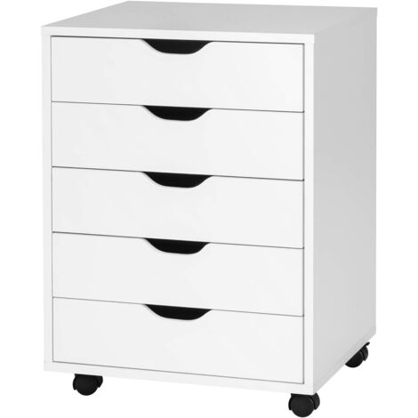 GOPLUS Cassettiera in Legno, 5 Cassetti, 4 Ruote Girevoli con Freni, Struttura Resistente, Adatto per Casa e Ufficio, 50 x 42 x 67 cm (Bianco)