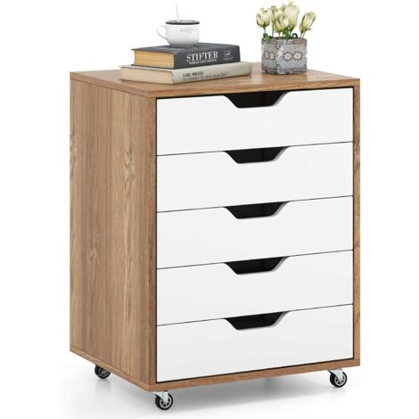 GOPLUS Cassettiera in Legno, 5 Cassetti, 4 Ruote Girevoli con Freni, Struttura Resistente, Adatto per Casa e Ufficio, 50 x 42 x 67 cm (Naturale)