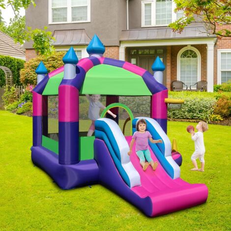 GOPLUS Castello Gonfiabile, Casa Gonfiabile 5 in 1 con Trampolino, Scivolo, Cestino da Basket, Piscina di Palline, con Borsa e 8 Picchetti, per Bambini 3-10 Anni, Interno ed Esterno
